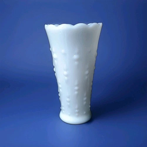 Vintage 1960's Anchor Hocking White Teardrop Milk Glass 7" Tall Vase - Scalloped