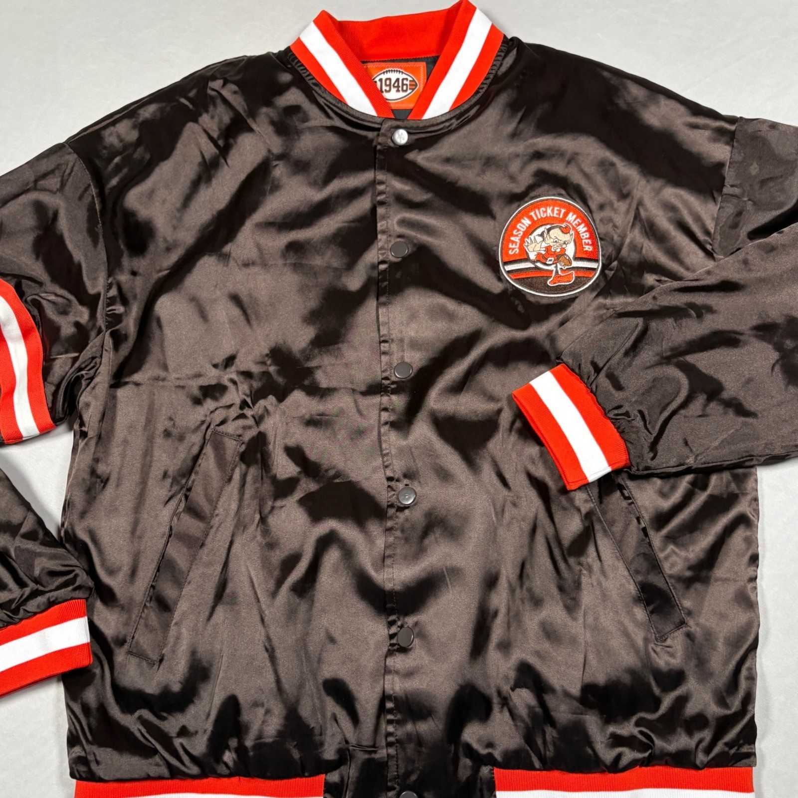 Cleveland Browns Season Ticket Member Satin Varsity Jacket Brown Size L NIB Box - second product detail image