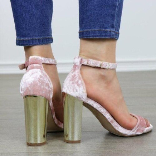 Open Toe High Heel Pink Crush Velvet Sandal Gold Block Heel - Picture 3 of 8