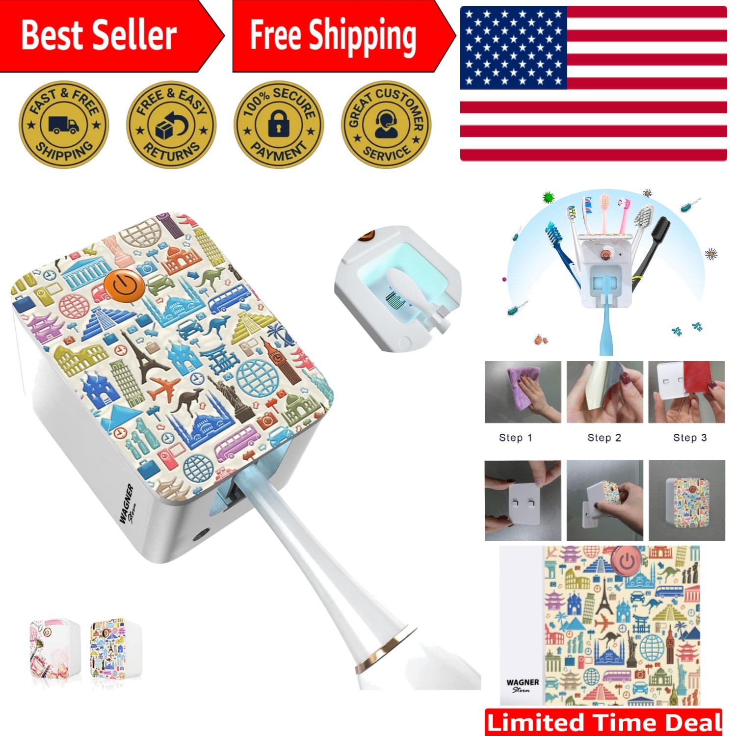 UV Toothbrush Sanitizer. Rechargeable Battery, 3D Design, Co