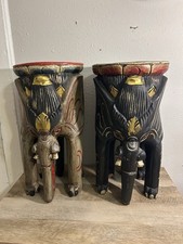 Vintage Set Of 2 Rare Tribe Wood Hand Carved Elephant Stools