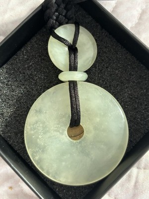 Vintage Lg Light Green Jade Pendant Medallion Necklace On 30  Black Macrame Cord