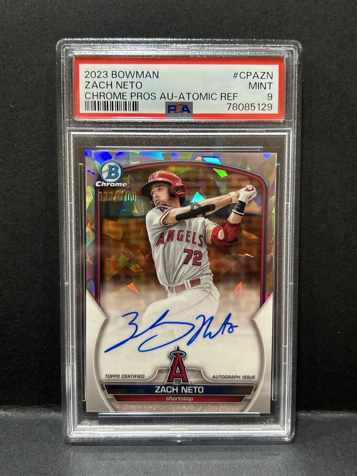 ZACH NETO 2023 Bowman Chrome Atomic Refractor On-Card Auto #/100 #CPA-ZN Angels