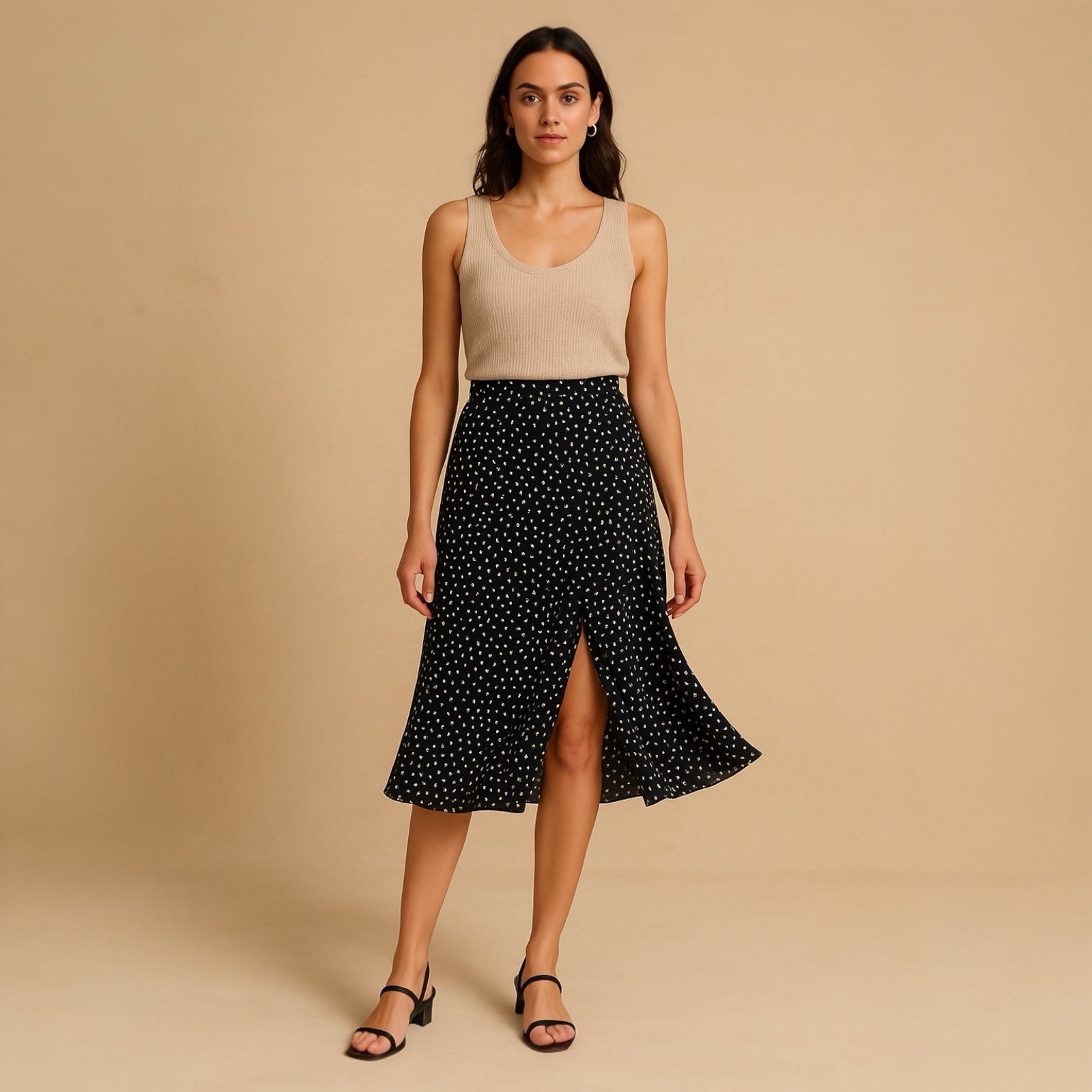 Abercrombie & Fitch Women’s Midi Skirt XS Navy White Dot Front Slit Chic Classic