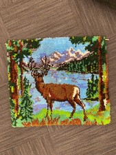 Deer in the Mountain Forest Latch Hook Wall Hanging Rug 33" x 30" Spinnerin Vtg