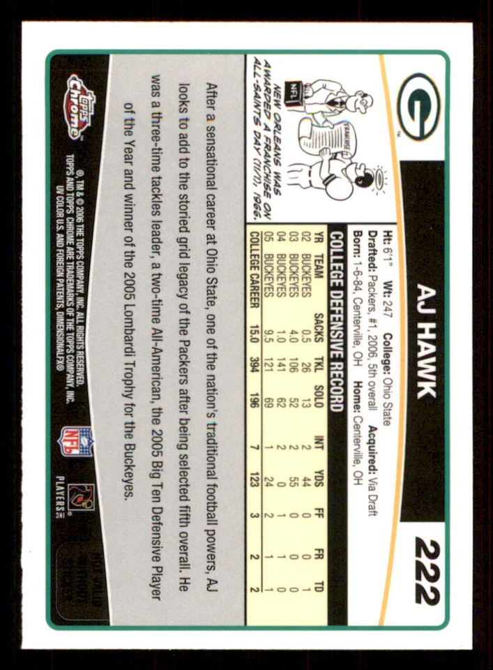 2006 Topps Chrome #222 A.J. Hawk RC - Image 2 of 2