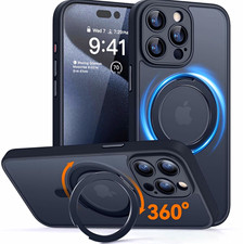 Black Magnetic Ring Kickstand Back Case, 360 Protection for Apple iPhone 15 pro