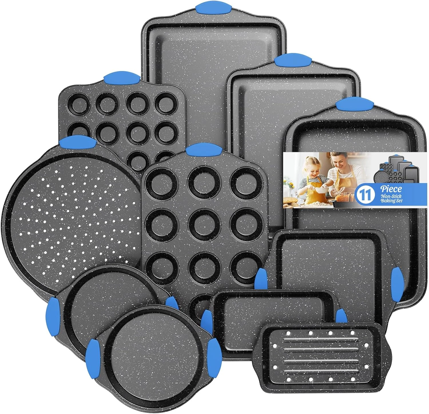 Premium 11-Piece Nonstick Baking Set with Cool-Touch Handles - Black & Blue