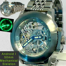 50mm Skeleton Mechanical | Silvertn Beads-of-Rice Bracelet | ANDROID Mens Watch