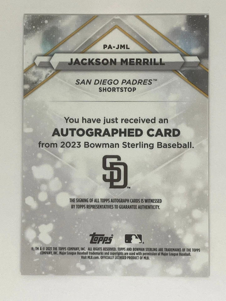 2023 Bowman Sterling JACKSON MERRILL AUTO ROOKIE RC #PA-JML PADRES - Image 2 of 2