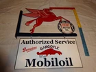VINTAGE MOBIL PEGASUS SOCONY & GARGOYLE PORCELAIN METAL GASOLINE OIL FLANGE SIGN