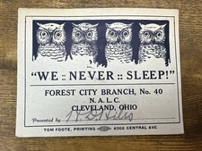 Vintage 1900s Owl Themed NALC Forest City Branch Cleveland Ephemera RARE Union
