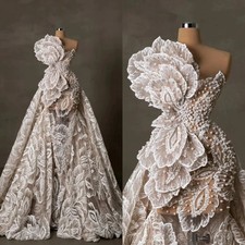 Gorgeous Mermaid Wedding Dress Pearls Strapless See Through Illusion Bridal Gown
