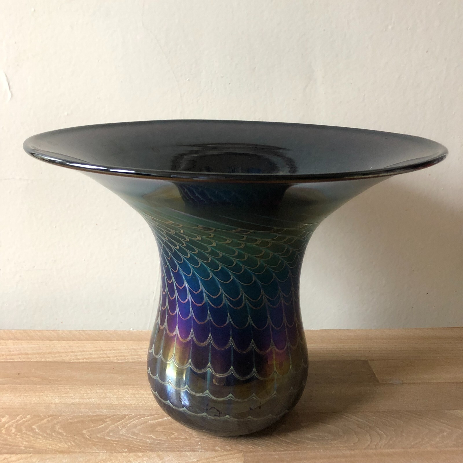 Lovely Large Flared Rim Iridescent Tiffany Style Vase Signed & Dated 1984