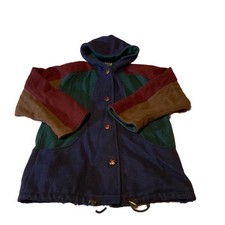 Vintage Womens 80s Jofeld 20% Nylon 80% Wool Color Block Mid Length Coat Hooded