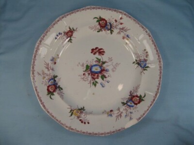 Dresden Flowers Dinner Plate Mulberry Transferware Polychrome Antique AS IS (O)