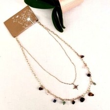 Double Layer Necklace of Golden Chain w/ Natural Stones Star Pendant Adjustable