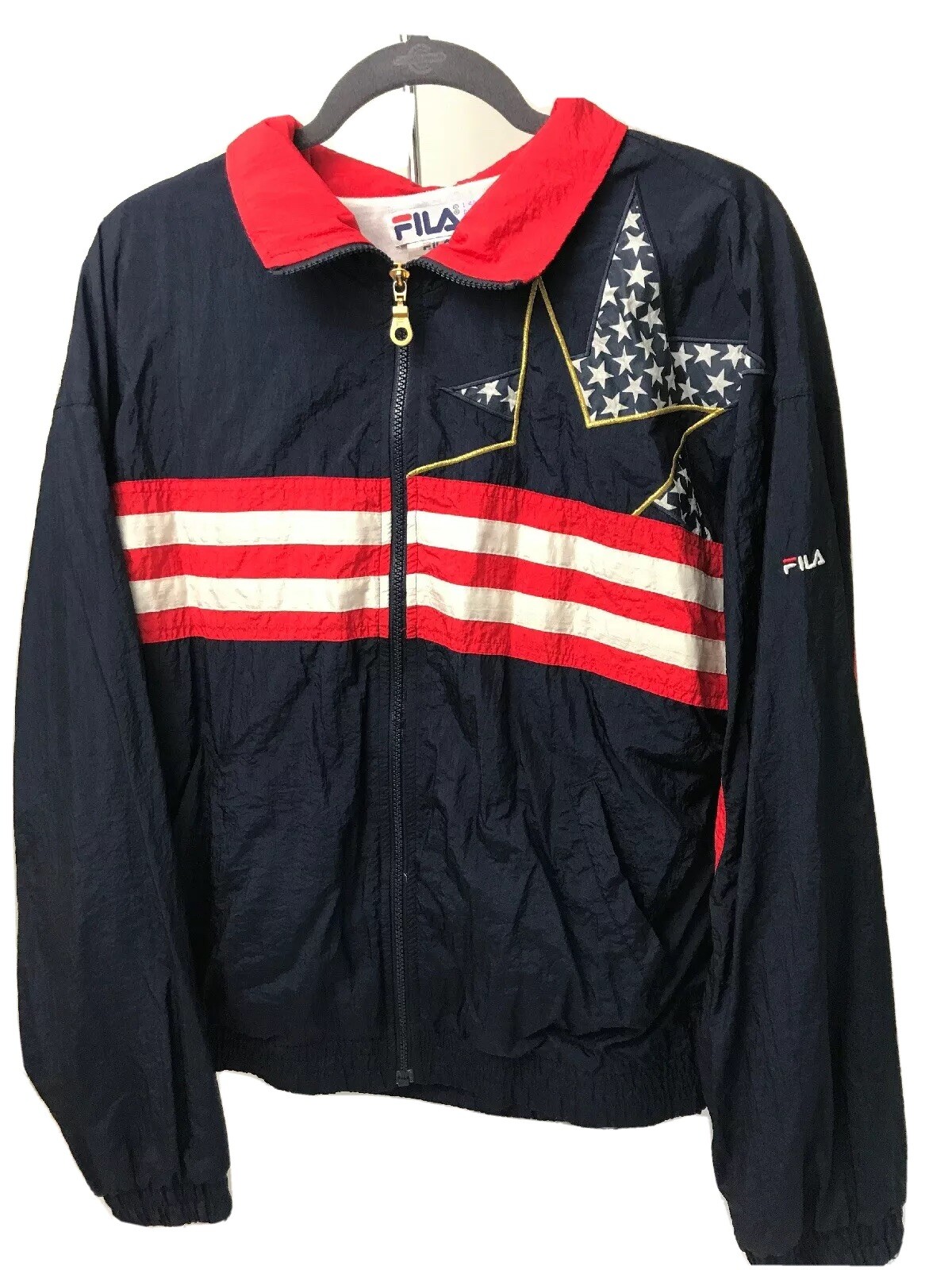 Giacca a vento vintage Fila nylon giacche donna stelle e strisce bandiera taglia 12
