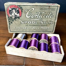9 Antique Belding Corticelli PURPLE Color Cat Logo Silk Thread Wood Spool + BOX