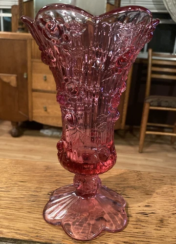 Vintage Fenton Cabbage Rose Footed Vase Pink Dusty Rose Art Glass 9" Scalloped