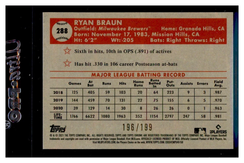 2021 Topps Chrome Platinum Anniversary Blue Mini Diamonds #288 Ryan Braun #/199 - Image 2 of 2