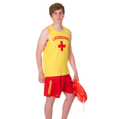 Rettungsschwimmer Kostüm Weste Top + rote Shorts + aufblasbarer Rettungsschwimmer