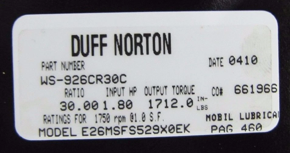 DUFF NORTON WS-926CR30C E26MSFS529X0EK RELACIÓN 30:1 REDUCTOR DE VELOCIDAD CAJA DE CAMBIOS NUEVO EN CAJA Foto 2 de 4