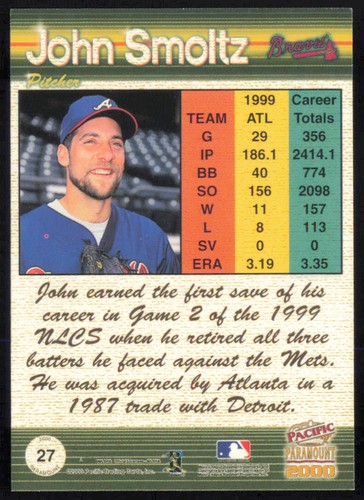 John Smoltz 2000 Pacific Paramount Gold #27 Atlanta Braves - Picture 2 of 2