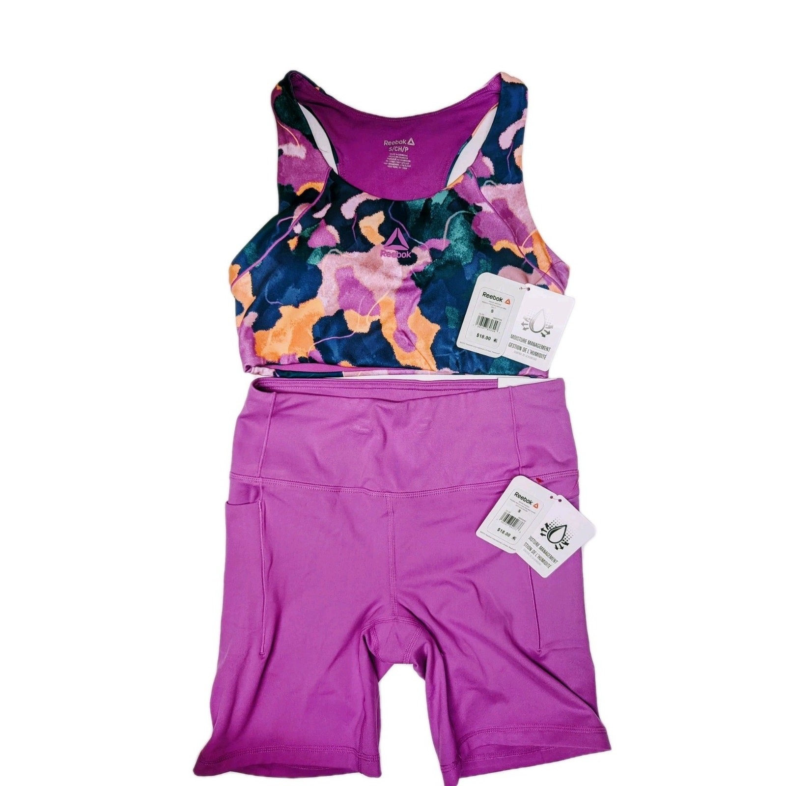 Reebok Sports Bra And Bike Shorts Size Small Purple Multi Pr