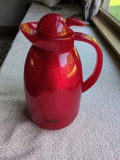 Vintage Thermos Brand Insulated Glass Red Plastic Carafe Jug 1 Liter