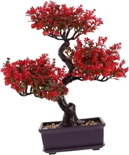 Home Decor Artificial Bonsai Tree Red Small Fake Plants Decor Indoor Faux Pot...