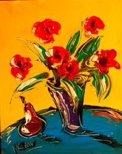RED FLOWERS   MODERN ART   SIGNED CANVAS - STRETCHED painting original 4Y54Y