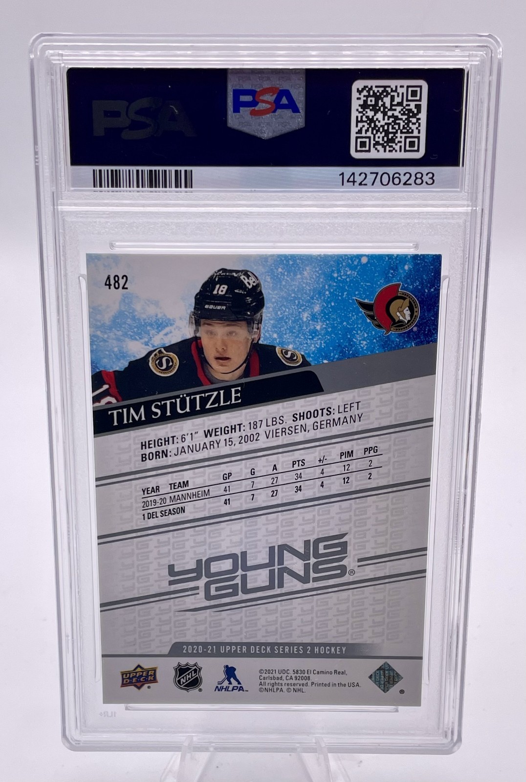 2020-21 Upper Deck Tim Stutzle Young Guns PSA 9 #482 Ottawa Senators RC view 2