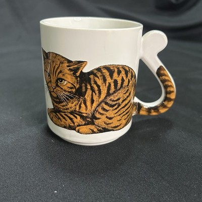 Vintage Orange Tiger Stripe Cat Coffee Mug Cup With Tail Handle Japan