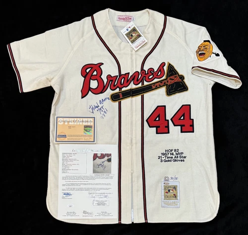 Hank Aaron HR Hits LE Signed 1957 Milwaukee Braves MLB Baseball Jersey JSA HOF