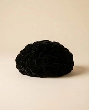 Vintage Black Velvet Beret Hat 1950s Woven Velvet Tam Sculptural Ribbon