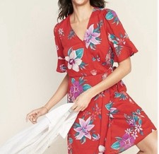 OLD NAVY Dress Red Floral Wrap Hawaiian Orchid Feminine Cotton Size S