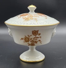 Porcelain Lidded Compote Gold Trim Flowers Raised Bowl Lions Head Limoges France