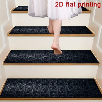 Dark Gray Textured 2D Printed Stair Mats, Non-Slip Step Pads, And Protective C