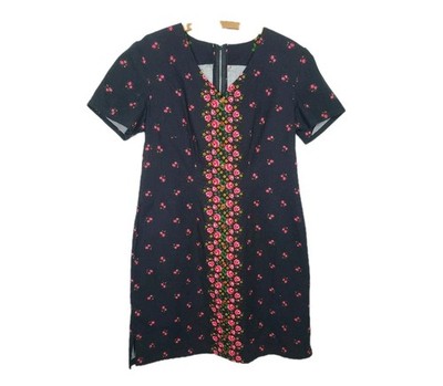 Vtg 70s Black Rose Mini Dress Tunic Border Print Mod Goth Floral Metal Zip M L