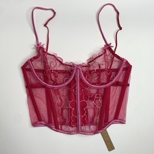 NWT SKIMS Punch Pink Embroidered Hearts Tulle Unlined Demi Crop Corset Size XS