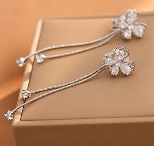 Clip on 2 3/4" silver chain and clear stone dangle butterfly earrings - Picture 2 of 4