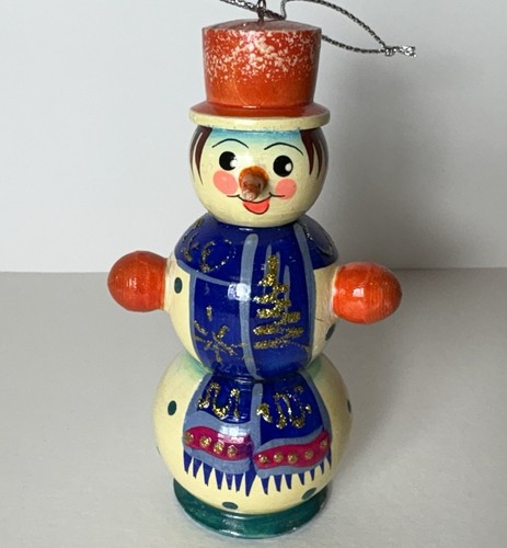 Snowman Ornament Wooden Hand Painted Christmas Russian Top Hat Scarf 4" Tall - Picture 8 of 8