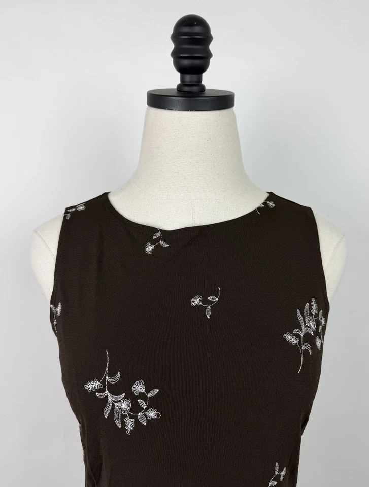 Camiseta sin mangas vintage años 90 para mujer pequeña marrón chocolate oscuro floral concha bordada Foto 2 de 4