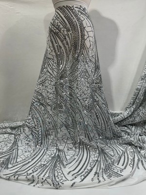 Silver Sequin on White 4 Way Stretch Mesh Fabric | Width: 54'' Sold By The Yard