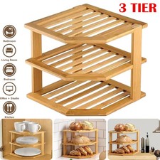 3 Tier Bamboo Corner Plate Rack 24x25cm Kitchen Cupboard Organiser Shelf Storage