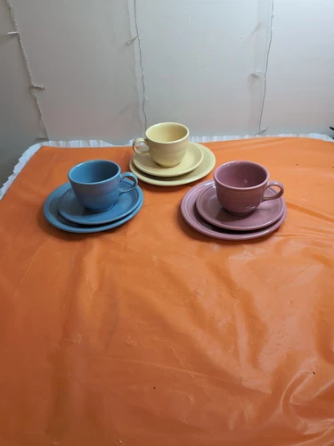 3 PC Fiesta Ware  Pink,Light Blue, Ivory Yellow Coffee/Tea Cups/ Saucers/Plate