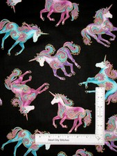 Unicorn Horse Animals Black Fabric Believe in Unicorns Cotton Benartex By Yard