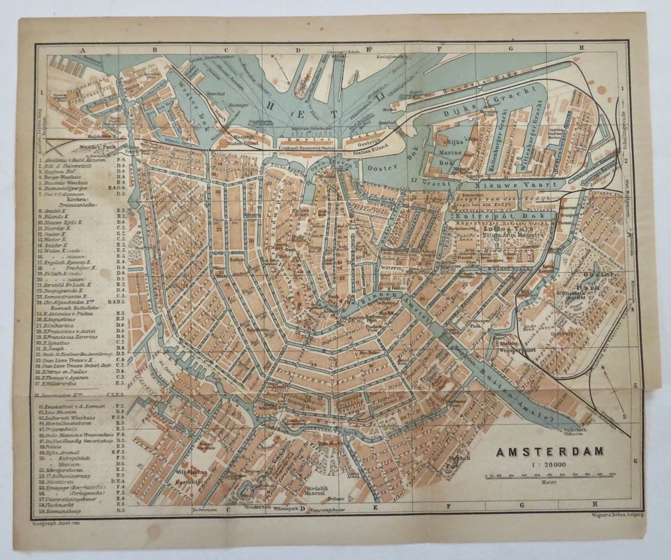 Mapa detallado del plano de la ciudad de Ámsterdam Holanda Países Bajos Canales Río Amstel 1901 Foto 4 de 4