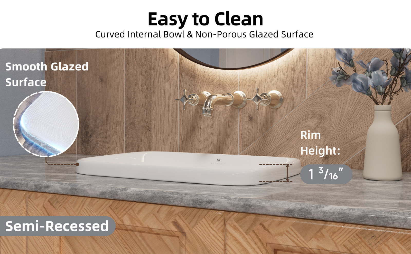 20 x 15 Inch Drop-In Bathroom Sink, White Ceramic Semi-Recessed Sink with Drain